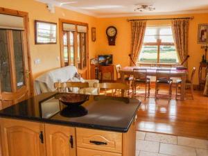 Kilcrohane的住宿－Caola Nua，厨房、带桌子的客厅和用餐室