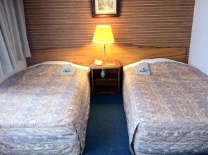 a hotel room with two beds and a lamp at Asano Hotel in Kitakyushu