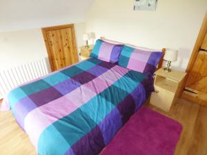 a bedroom with a colorful bed with a purple and blue comforter at Cookies Cottage in Ballyshannon