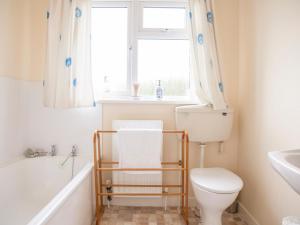 baño con aseo y lavabo y ventana en Shepherds' Retreat en Greencastle