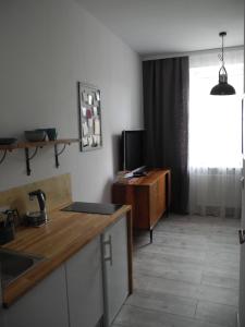 cocina con fregadero y TV en la barra en Apartament N°10 en Lodz