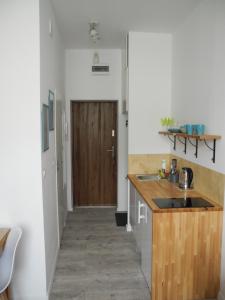 cocina con fregadero y puerta de madera en Apartament N°10, en Łódź