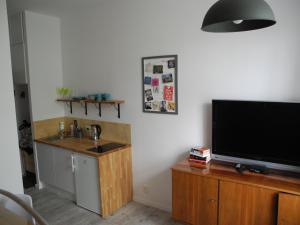 a living room with a flat screen tv and a sink at Apartament N°10 in Łódź