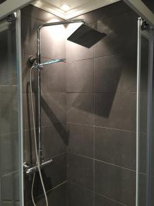a shower with a glass door with a shower head at Olden apartments 1 in Olden