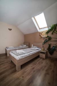 two beds in a large room with a skylight at Pension Miorita in Arad