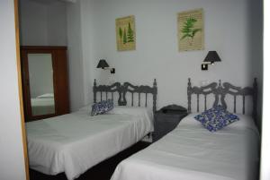 a bedroom with two beds and a mirror at Hotel Lanjaron in Lanjarón