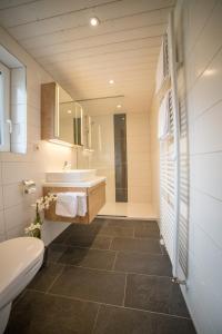 a bathroom with a sink and a toilet and a mirror at Gästehaus Haag in Ehrwald