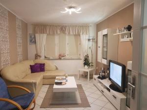 - un salon avec un canapé et une télévision dans l'établissement Apartament Andreas, à Międzyzdroje