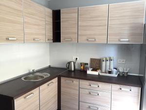 a kitchen with wooden cabinets and a sink at da Massimiliano in Wrocław