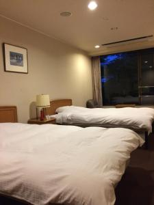 a hotel room with two beds and a window at Hotel Park in Gifu