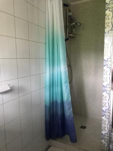 y baño con ducha con cortina azul. en Maison LES BLEUETS, en Le Perréon