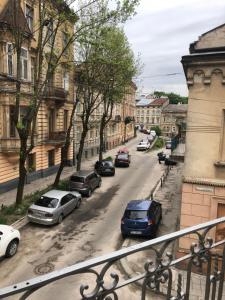 ulica miejska z samochodami zaparkowanymi na drodze w obiekcie Apartment Glebova w Lwowie