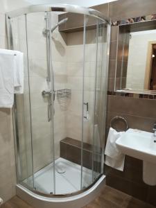 W łazience znajduje się prysznic i umywalka. w obiekcie Zajazd Podjadek w mieście Osjaków