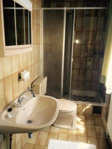 Gasthof Tischlerwirt في كيتسك إيم زاوزال: حمام مع حوض ومرحاض