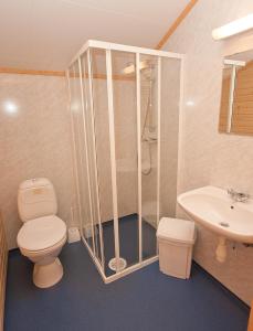 a bathroom with a shower and a toilet and a sink at Hytte Camp Nordkapp - Blue in Skarsvåg