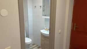 a bathroom with a white toilet and a sink at Family or Group Apartment in Silent Center in Riga +23 photos