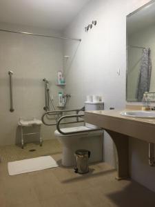 a bathroom with a sink and a toilet and a mirror at Hotel Albanta in La Lantejuela