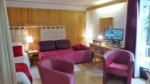 a hotel room with a couch and a bed and a television at Garden Studio Chantilly in Chantilly