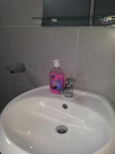 a bathroom sink with a bottle of soap on it at Penelope's Rooms in Dhërmi