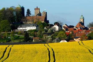 a yellow field of rapeseed in front of a village at Burghotel Stolpen in Stolpen