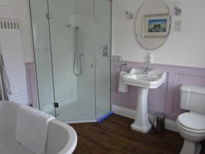 a bathroom with a shower and a sink and a toilet at Grendon Bed & Breakfast in Buxton
