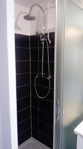 a shower in a bathroom with a black tiled wall at studio des écureuil in Gérardmer
