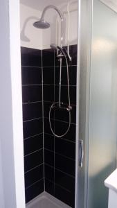 ジェラールメにあるstudio des écureuilの黒いタイル張りの壁のバスルーム(シャワー付)