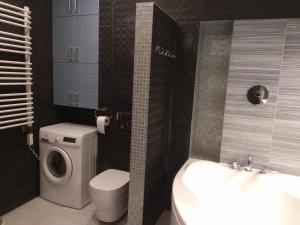 a bathroom with a toilet and a washing machine at Apartment on Dubenskaya street in Rivne