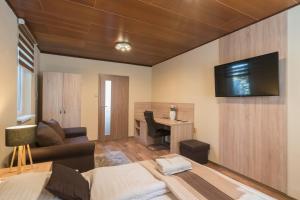Zimmer mit einem Bett, einem Schreibtisch und einem TV in der Unterkunft RESTAURACE A PENZION U DOUBKŮ in Břeclav