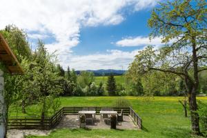 una mesa de picnic en un campo con árboles y césped en Pension am Waldesrand, en Regen