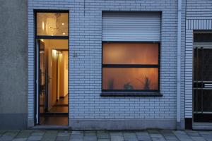 two windows in a white brick wall with a reflection of a plant at All Inn Holiday Home in Ghent
