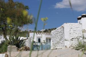 a white house with a blue gate in front of it at Cueva Las Yeseras in Baza