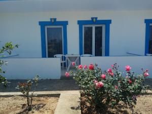 a blue house with flowers in front of it at Matina Studios in Kefalos