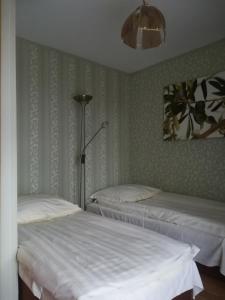 two beds in a room with green wallpaper at Apartamenty Dom nad Jeziorem in Głęboczek