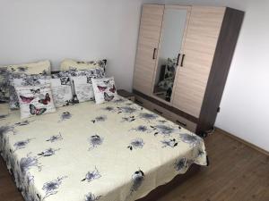 a bedroom with a bed and pillows and a mirror at Apartament Bella in Jurilovca