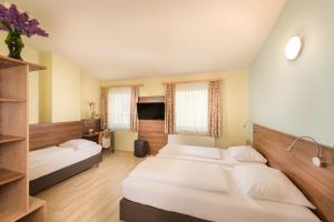 a room with three beds and a tv at Hotel Radlinger in Pellendorf +20 photos