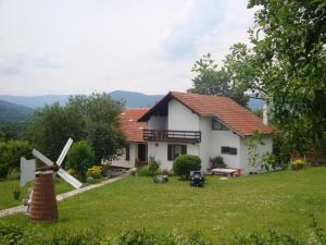 a white house with a windmill in a yard at Guest house Jandric in Drežnik Grad