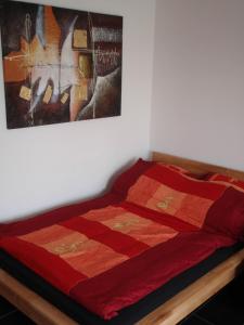 ein Bett mit einer roten Decke darüber in der Unterkunft Ferienwohnung Mainz in Mainz