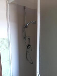 prysznic z głowicą prysznicową wiszącą na ścianie w obiekcie Appartamento Ornella Al Mare w mieście Marotta