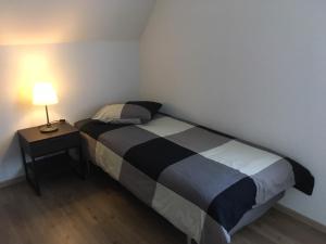 a bedroom with a bed and a lamp on a table at Gîte Grewis in La Wantzenau
