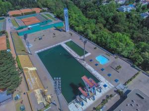 una vista sul tetto di una piscina d'acqua con alberi di Hostel Poolside Zagreb a Zagabria
