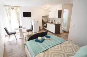 a bedroom with a bed and a kitchen in a room at Studio Ana Carera in Rovinj