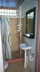 a bathroom with a sink and a shower with a mirror at Hostel Osa Tucan Drake in Drake
