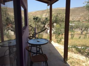 eine Veranda mit 2 Tischen und Blick auf ein Feld in der Unterkunft Alex's Studio in Karteros