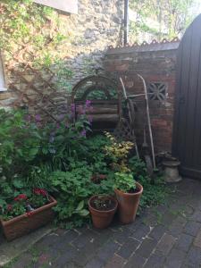 einen Garten mit Topfpflanzen und Ziegelwand in der Unterkunft The Annexe Croughton in Banbury
