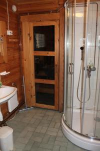 een badkamer met een douche en een wastafel bij Koskenranta in Heinävesi