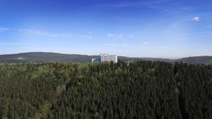 widok z powietrza na budynek w środku lasu w obiekcie Ferien Hotel Rennsteigblick w mieście Friedrichroda