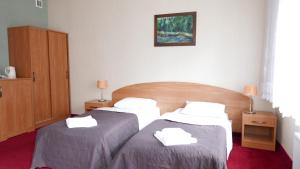 a hotel room with a bed, desk, and television at Ośrodek Szkoleniowo - Wypoczynkowy Guzianka in Ruciane-Nida