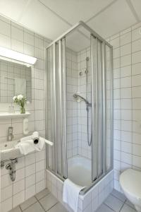 y baño con ducha, lavabo y aseo. en Ev.Familienferien-und Bildungsstätte Ebernburg, en Bad Münster am Stein-Ebernburg