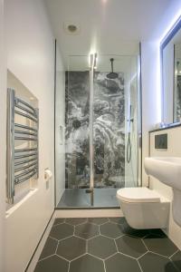uma casa de banho com um chuveiro, um WC e um lavatório. em Grafton Street Studios by City Break Apartments em Dublin